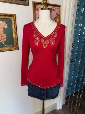 Vintage Y2K Silk Women's Red V-Neck Embellished Long-Sleeve Top